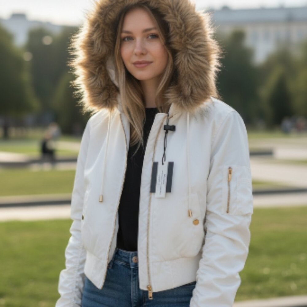 BRAND NEW! Women's Cropped Bomber Jacket with Faux Fur Hood